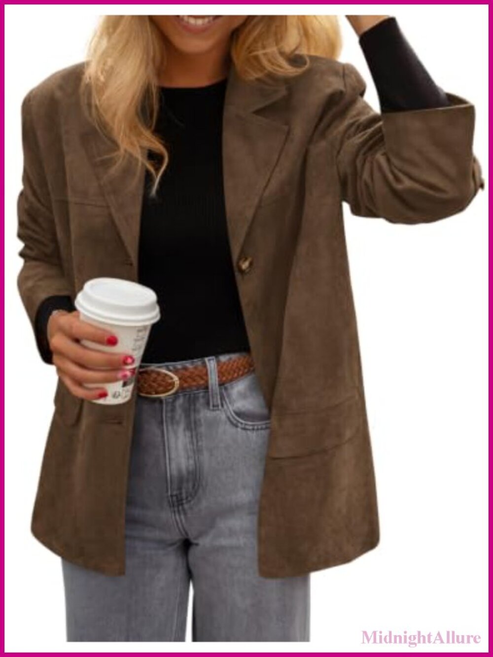Faux Suede Blazer Button Down Lapel Long Sleeve Business Casual